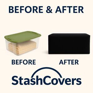 Stash Covers-Plastic Storage Tote - Black Stash Cover with Crisp White Piping